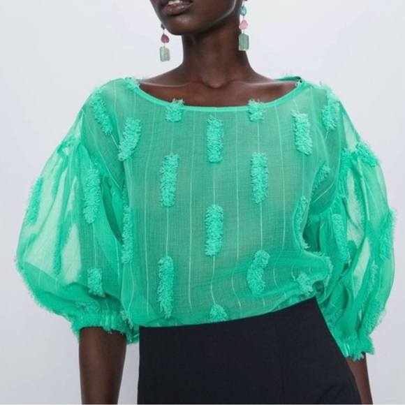NWT Zara Sheer Puff Sleeve Spearmint Green Fringe Textured Blouse - Picture 4 of 12